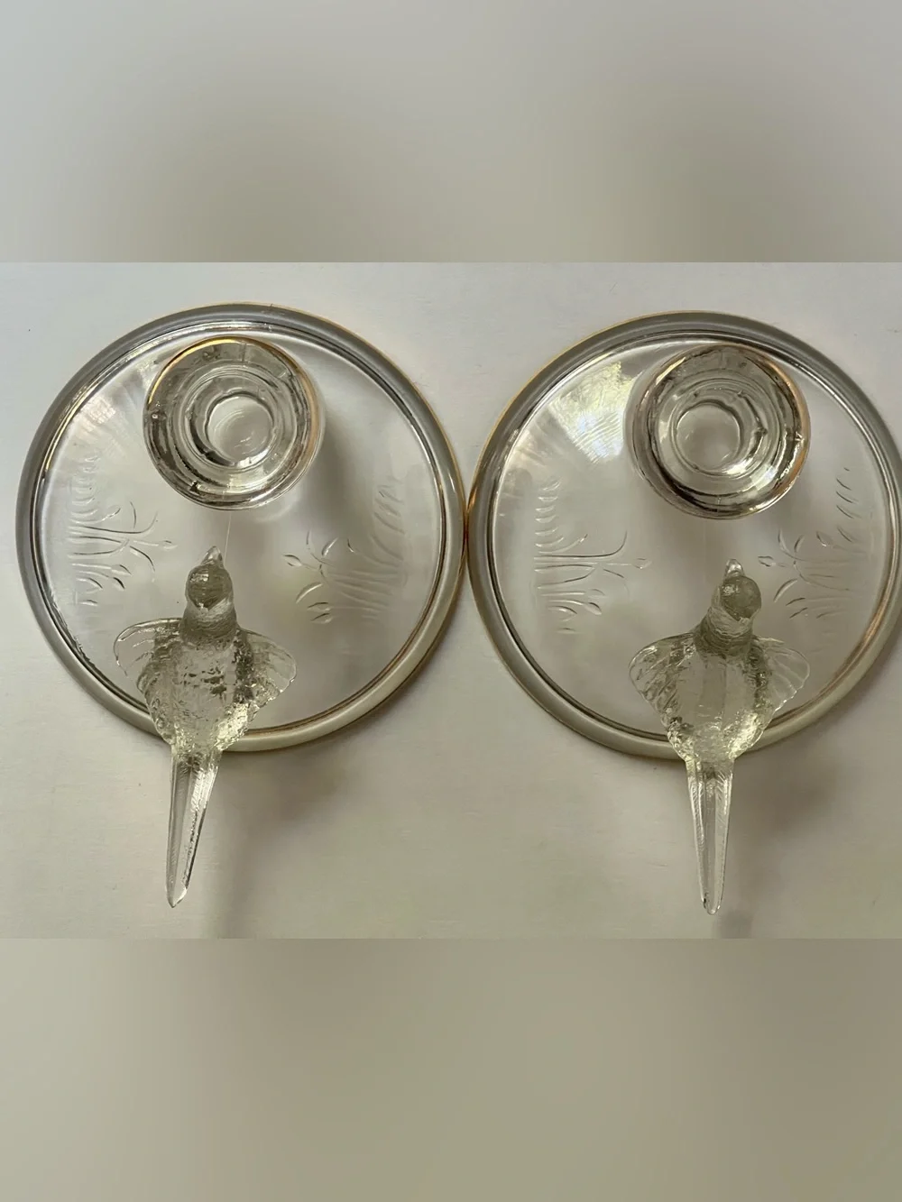 Clear Glass Bird Candle Holders with Gold Trim - Pair-by Jeanette Glass